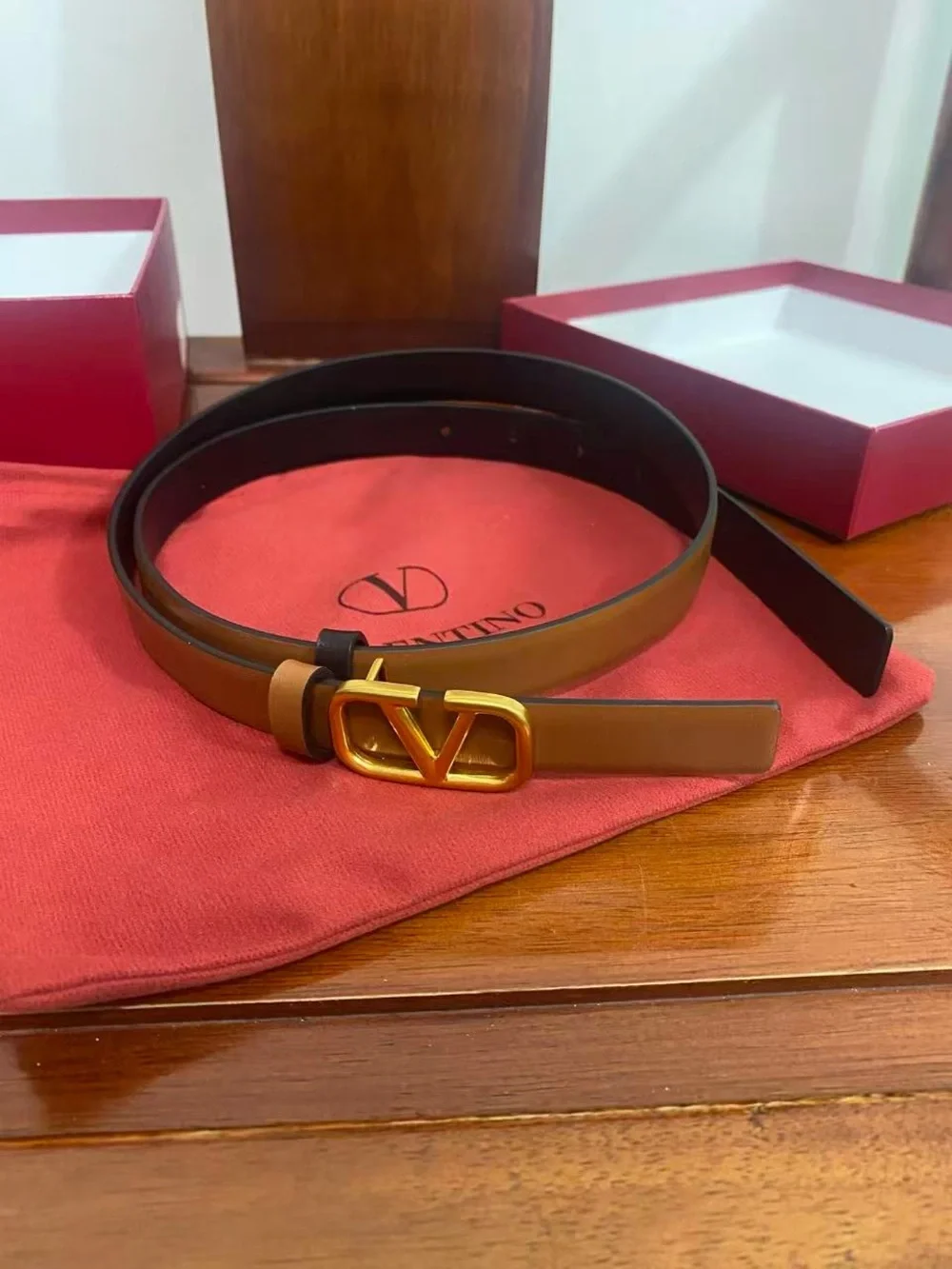 Valentino Reversible VLogo Belt Brown Black Gold Buckle 85cm